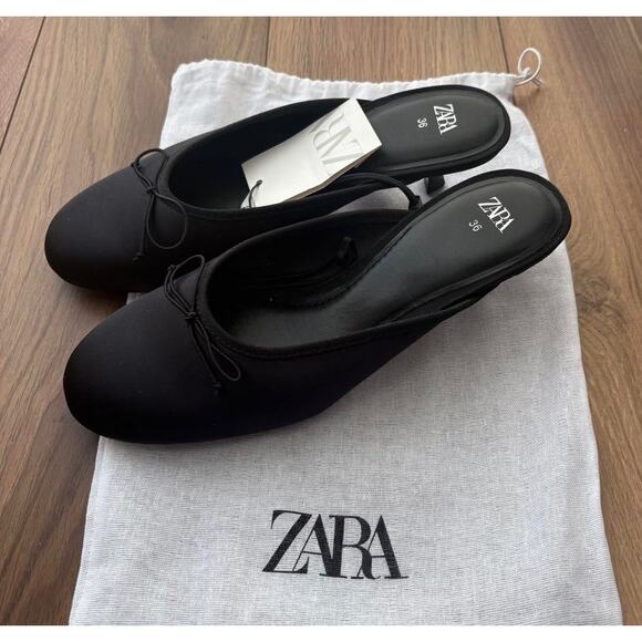 ZARA Embellished Bow Detail Mules NWT – Black Satin Heeled Slides, Sz 7.5 - Picture 4 of 16